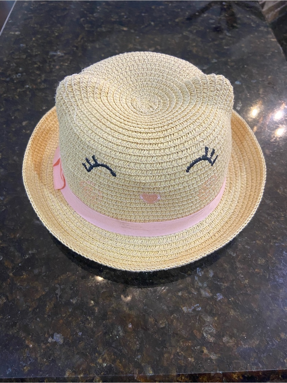 H&M Cream Straw Kids Hat with Pink Band and Cute Embroidered Face